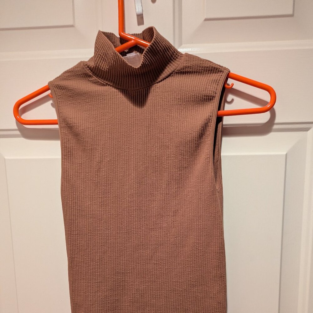 NikiBiki Fine Ribbed Mock Neck Long Top NS7723 in Tan